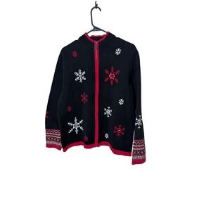 Breckenridge  XL Black Red Snowflake Full Zip Cotton Cardigan Sweater Holiday